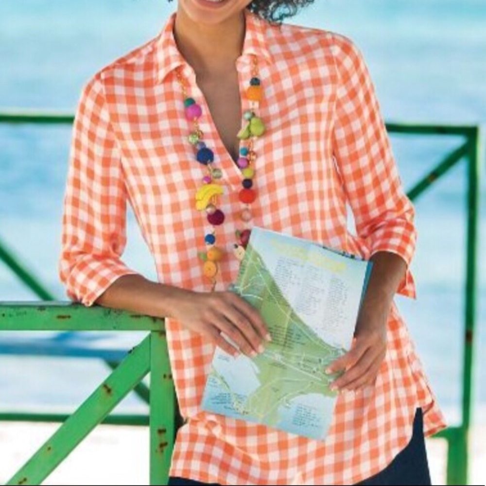 Soft Surroundings orange gingham Al Fresco top PL